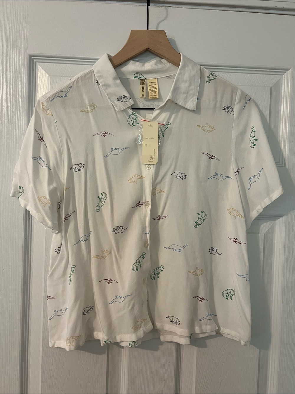 Women’s Short-Sleeve White Button-Up Shirt with Multicolor Dinosaur Print